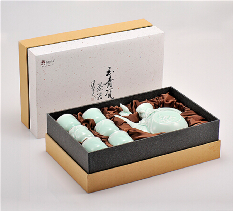古婺窯火 婺州瓷 酒·器 錦上添花酒具一壺六杯玉青堆雕 禮盒包裝 錦上添花酒具